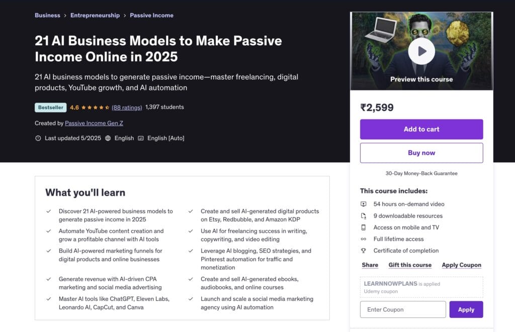 21 AI Business Models to Make Passive Income Online in 2025 Udemy2025