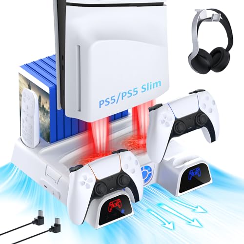 NexiGo PS5 / PS5 Slim Stand, Silent Cooling, Dual Controllers Charger for Playstation 5 Console, 3 Level Adjustable Fan Speed, PS5 / PS5 Slim Accessories, Headset and Remote Holder, White