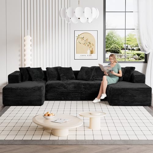 ONEMMLION Modular Sectional Sofa Cloud Couch, 131' Black Boneless Couches for Living Room, Comfy Deep Seat Plush Corduroy Sofa, Modern Fluffy Memory Foam U Shape Sectional Couch with Chaise Lounge