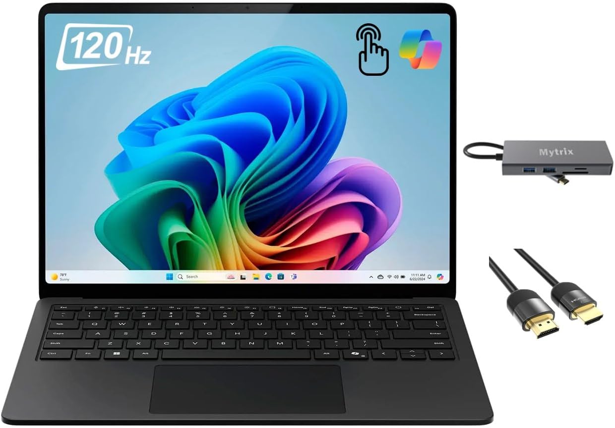 Microsoft Surface Laptop 7 Copilot+ PC, 13.8' HDR Touchscreen, 10-Core Qualcomm Snapdragon X Plus, Qualcomm Adreno GPU, 16GB RAM, 1TB SSD, WiFi 7, Backlit, 11-in-1 Hub, HDMI Cable, Win 11, Black 16GB RAM | 1TB SSD Black