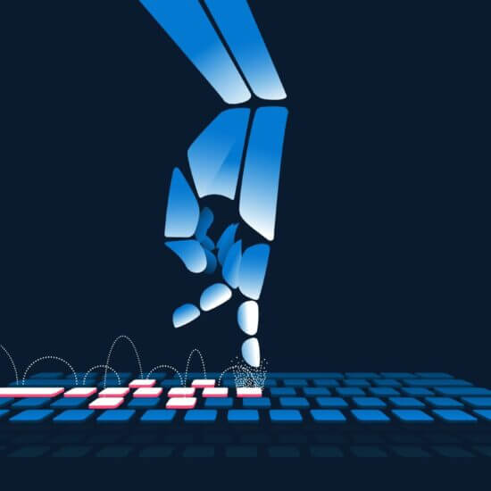 Robot hand interacting with keyboard