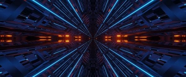 futuristic symmetry reflection abstract background with orange blue neon lights
