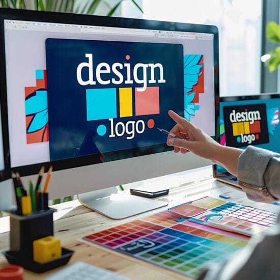 person is pointing screen that says design center