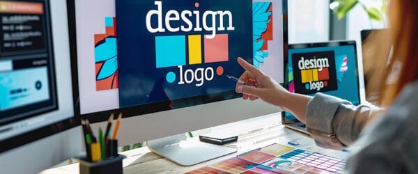 person is pointing screen that says design center