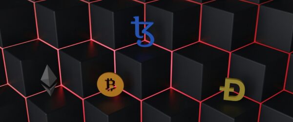Cryptocurrency logos on hexagonal background