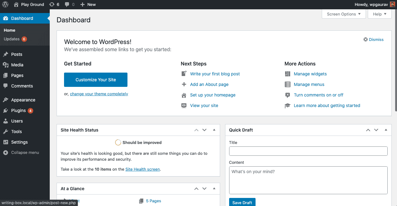 WordPress Dashboard after you install WordPress -- Start a Blog