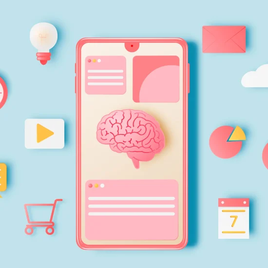 a pink cellphone with a brain on the screen