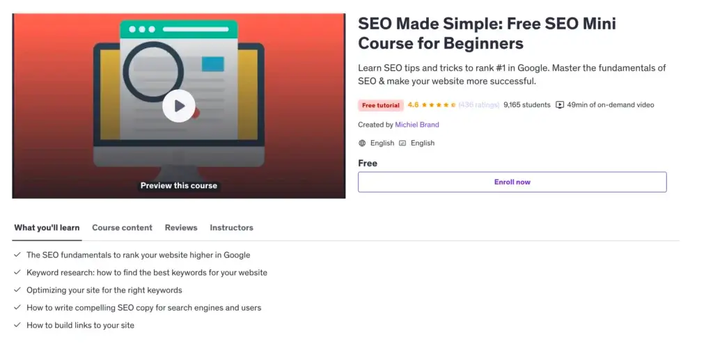 Free Online Business Tutorial SEO Made Simple Free SEO Mini Course for Beginners Udemy2025